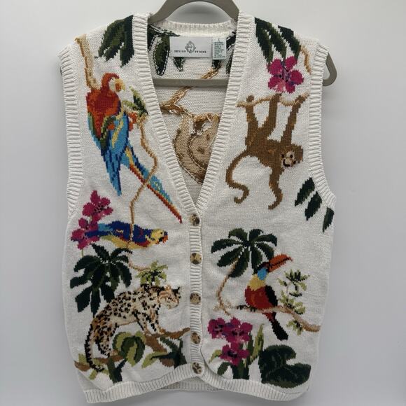 Design Options Sweater Vest Amazon Rainforest Exotic Birds Sloth Sz Large VTG - Picture 1 of 9